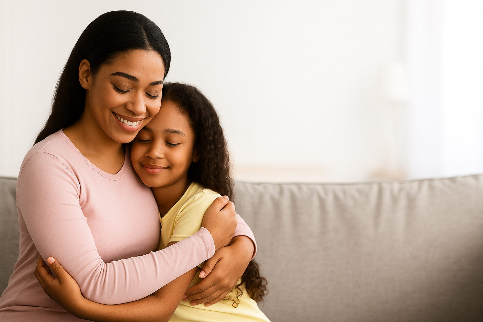 Mother hugging her daughter on a couch